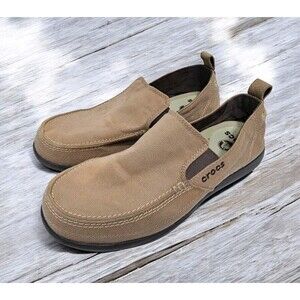 Crocs Mens 10 Walu Shoes Canvas Boat Slip Ons Loafers Triple Comfort Tan Brown